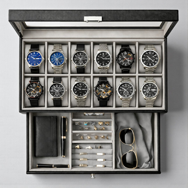 Uhrenbox (12 Fächer + Schublade) – Schwarz