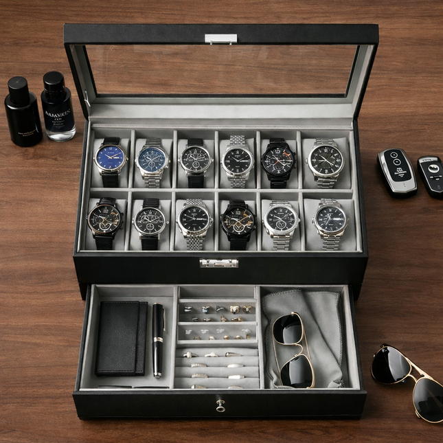 Uhrenbox (12 Fächer + Schublade) – Schwarz