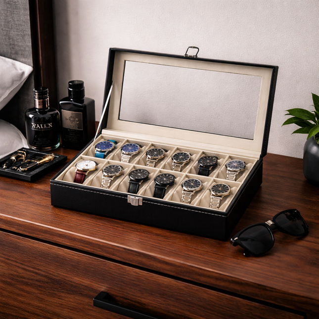 Uhrenbox (12 Fächer) – Schwarz/Beige